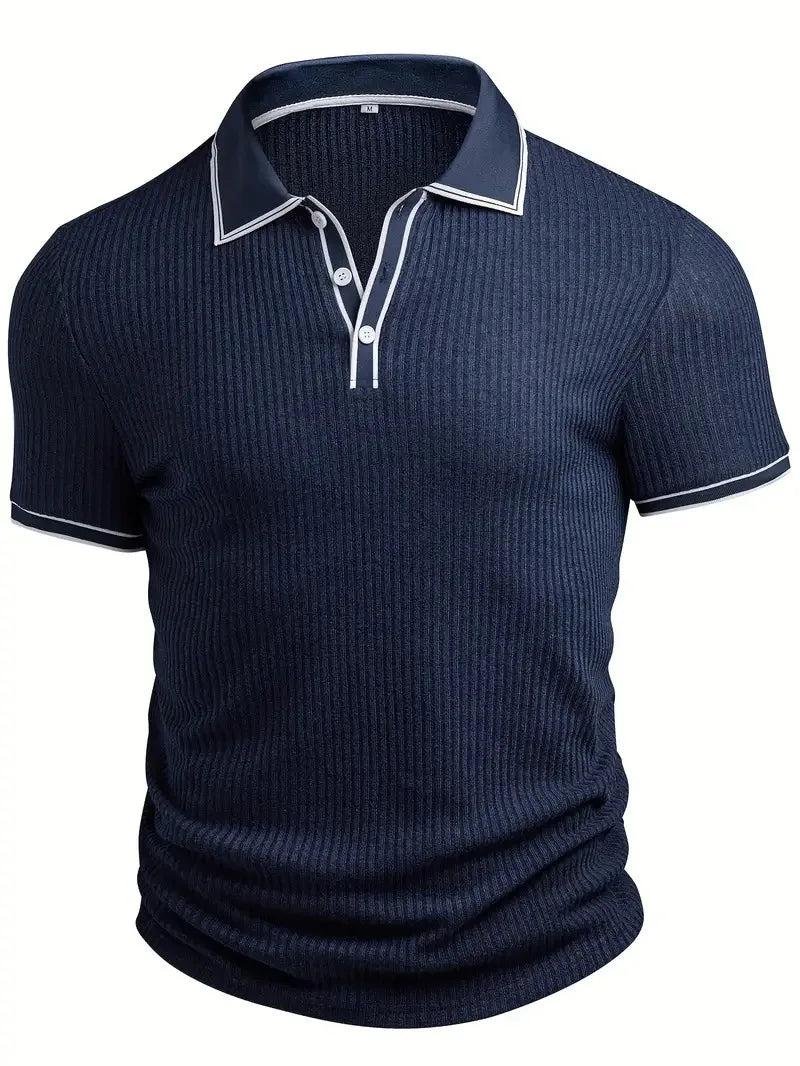 Men Ribbed Knit Polo Shirt Short Sleeve Turn Down Collar Contrast Trim Button Placket Slim Fit Casual Top
