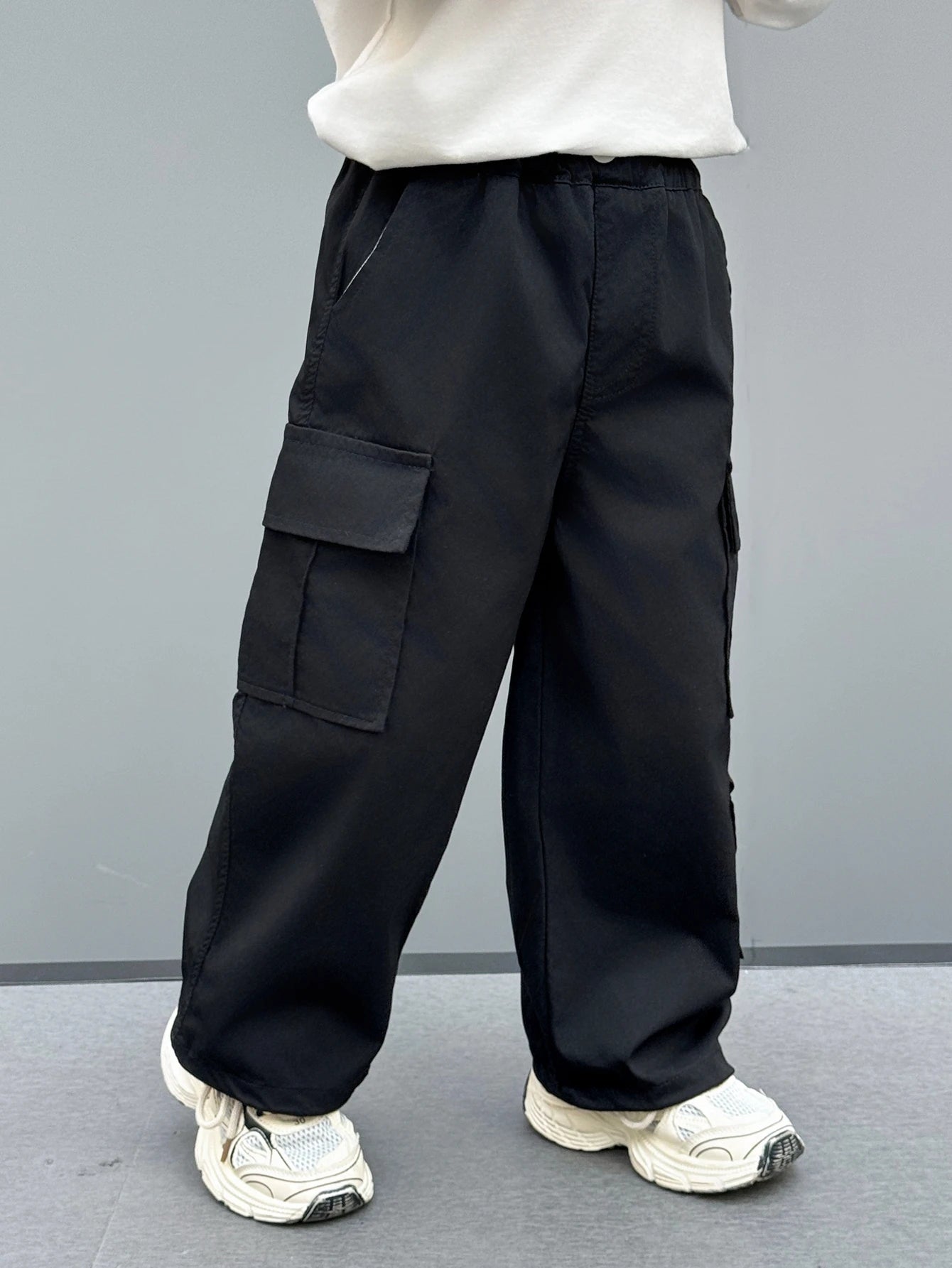 Toddler Boy Khaki Cargo Pants, Elastic Waist Multi-Pocket Casual Trousers With Embroidery Detail, Loose Fit Streetwear For Kids
