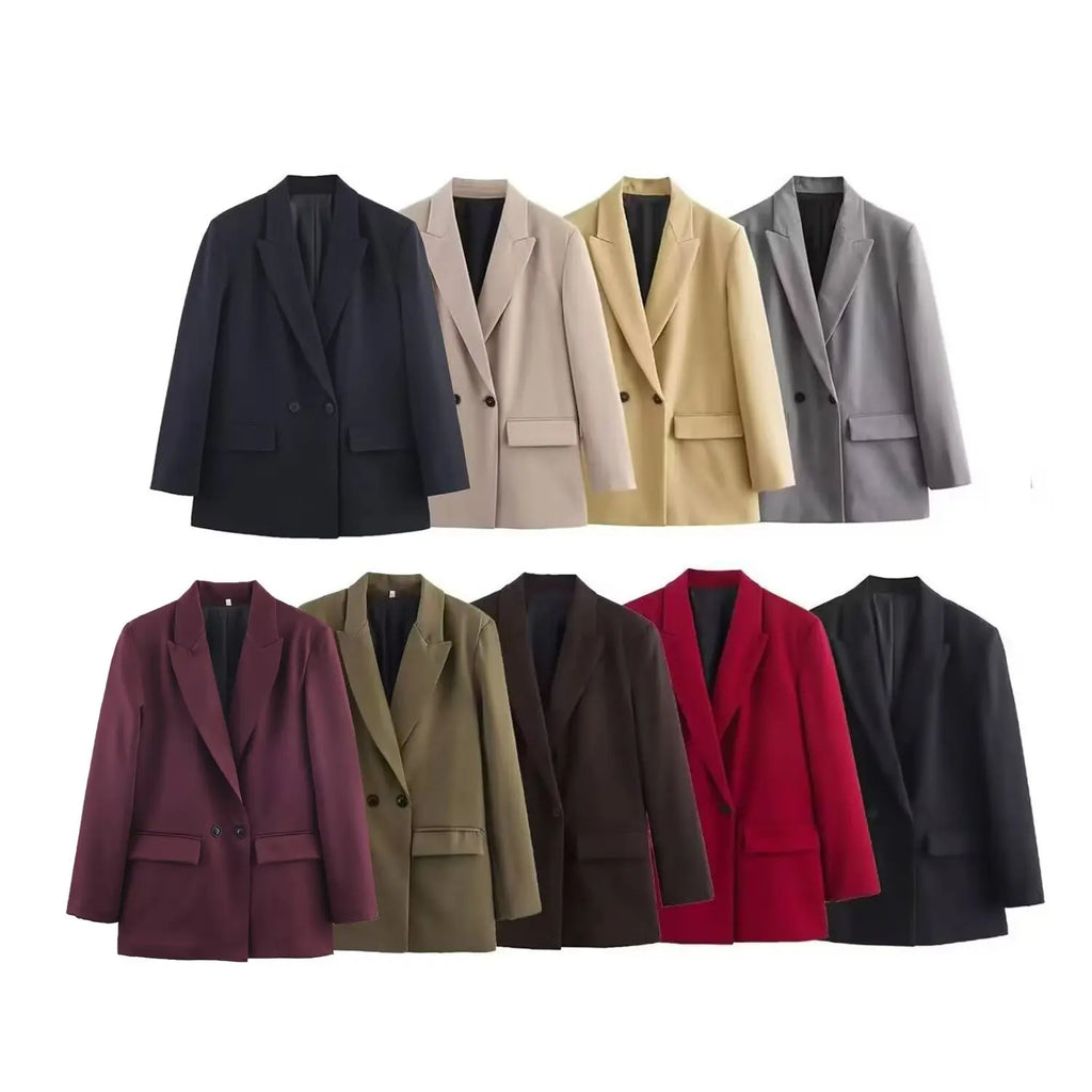 Women Elegant Solid Blazers Female Simple Style Double Breasted Long Sleeved Suit Jackets Casual Office Lady Suit Jackets Tops