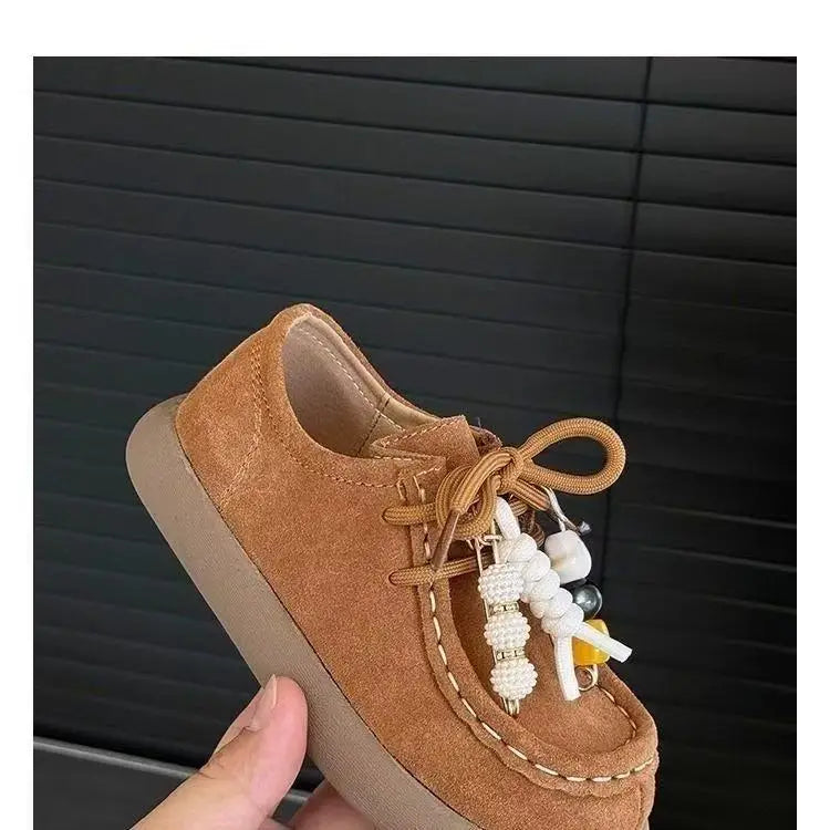 Boys Girls Leather Shoes with Cute Beaded 2025 New Autumn Toddler Walking Shoes Soft Sole Simple Versatile Kids School Loafers