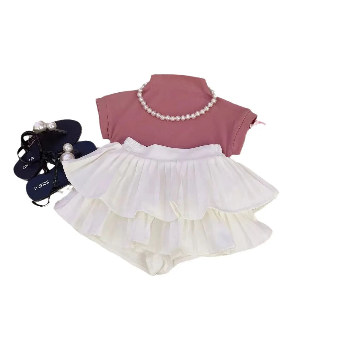 Girls Set 2024 New Girls Summer Short Sleeved Pleated Skirt Two Piece Set Girls Summer Lovely Princess Clothes