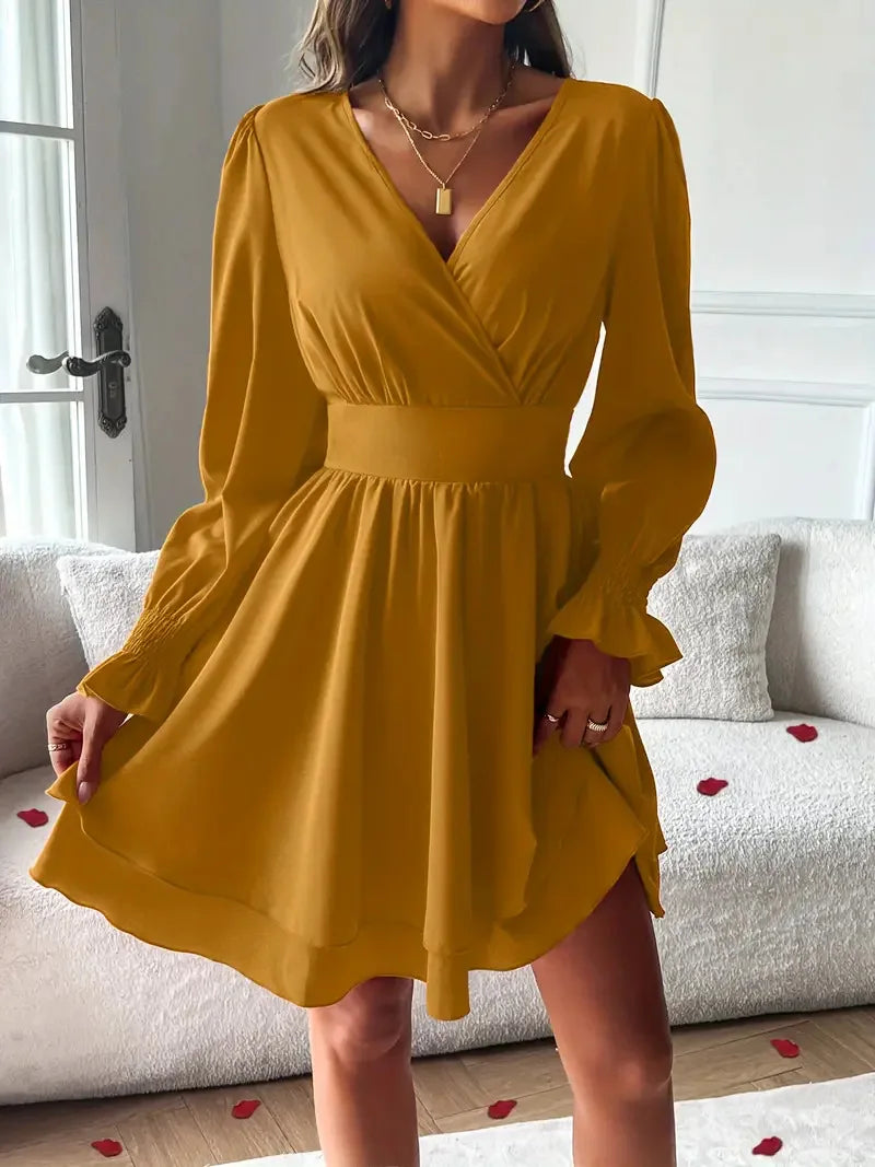 Summer New Dresses 2026 Woman Clothing V-Neck Lantern Sleeve Wrap Mini Dress Ruched Waisted Dress Elegant for Spring Party Dress