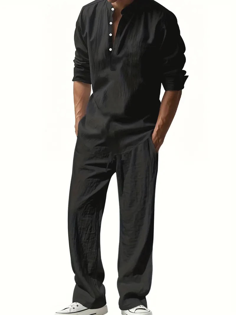 Men's White Linen Suit Set Long Sleeve Henley Shirt and Elastic Waist Pants Two Piece Outfit Summer Casual Comfortable