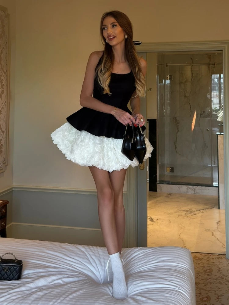 Women Floral Skirt Three Piece Sets Sexy Black Straps Top + Embroidered Sequins Bra + A-line Mini Skirts Suits Evening Cocktail