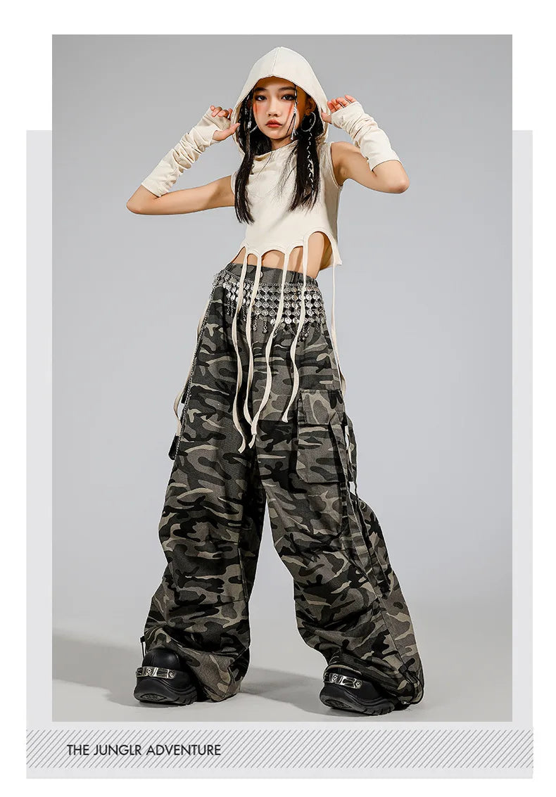 Kid Modern Dance Clothes Girl Jazz Dance Lace up Crop Hoodie Camouflage Pants Navel Performance Suit Kpop Group Stage Costume