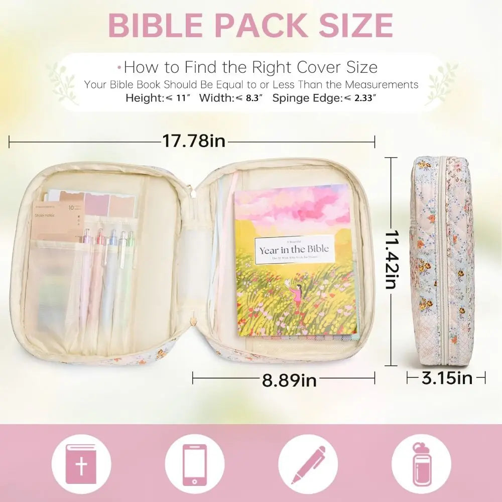 New Floral Bible Cover Large Capacity with Handle Church Bag Quilted Cotton Multilayer Bible Bag for Christian Gifts