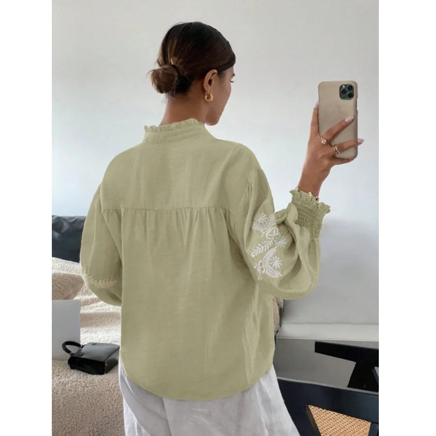 Women Autumn Single Breasted V-neck Blouses and Shirts Ladies Casual Embroidery Long Sleeve Shirt Tops