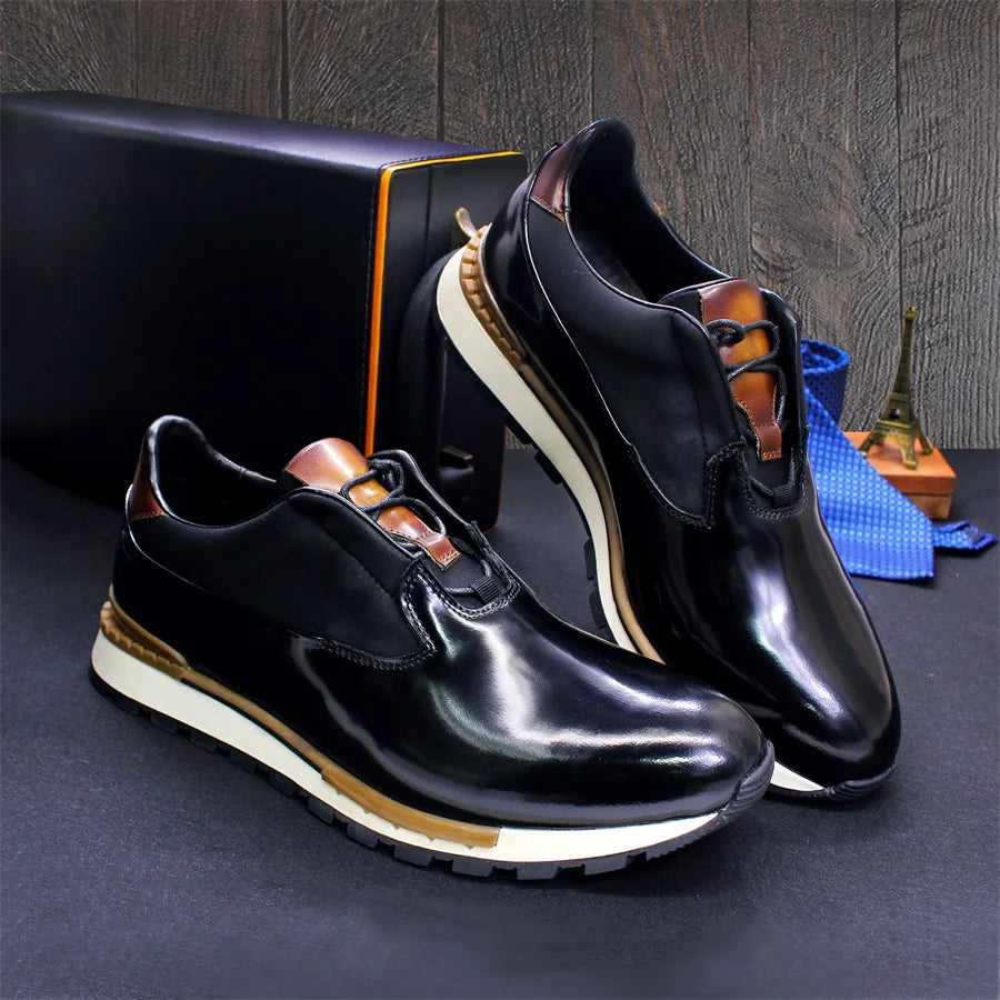 Men's Genuine Leather Casual Shoes Thick Sole Glossy Lace Up Comfortable Handmade Sneakers Dating Marriage Street Men's Shoes
