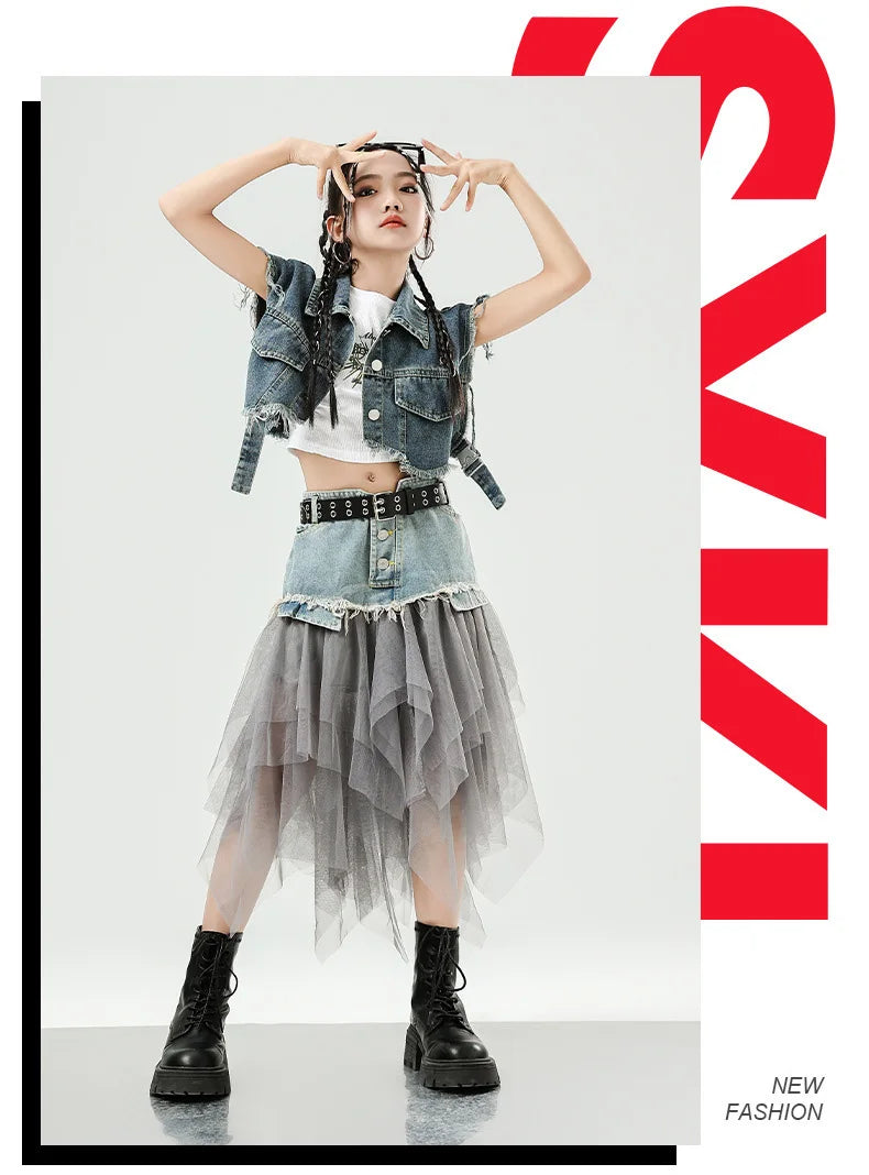 Girls Hip Hop Clothing Denim Sleeveless Jacket Vest Top Street Patchwork Mesh Skirt for Kids Jazz Dance Costume Clothes