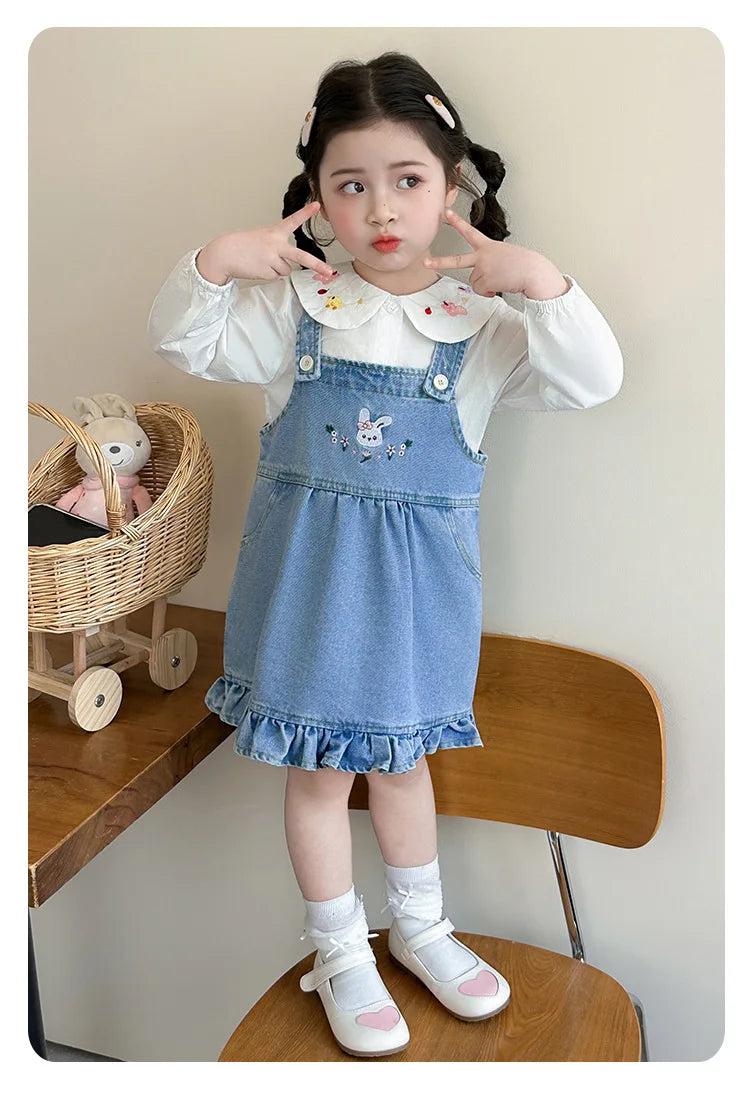 Girls Shirt Set Spring 2026 New Foreign Style Two-piece Set Baby Denim Strap Skirt