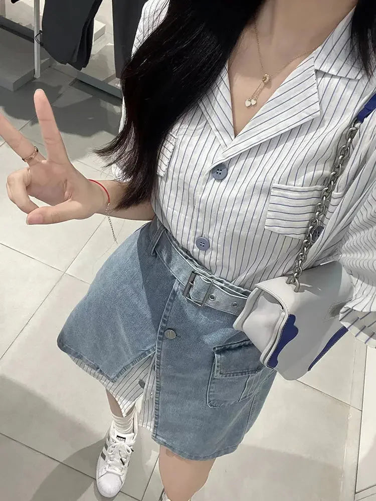 Short Sleeve Mature Skirt Women's Two Piece Set Slit Denim Y2k Clothes Formal Event New in The Same Stylish Full Female Outfits