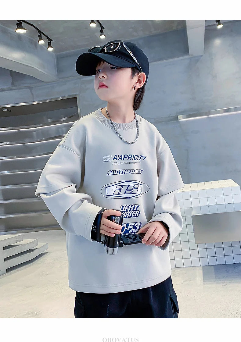 Teenage Kids Tshirts New Spring Fall Clothes Fashion Letter Fake Two Piece Sleeve Costume T-shirt Child Cotton Boy Tees Tops