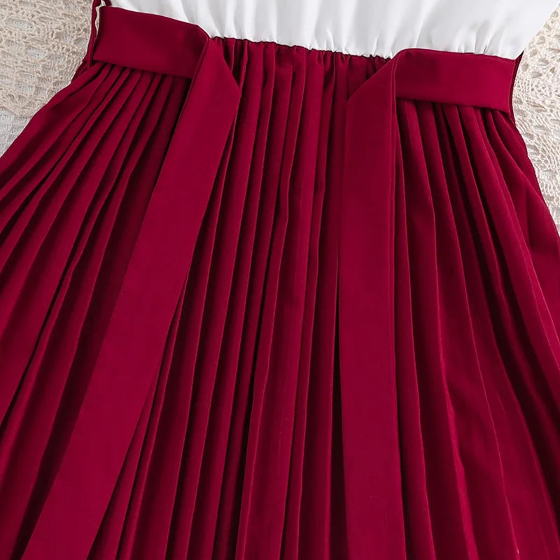 Kids Casual Dress for Girls Clothes Summer 2024 New Children Fashion Sleeveless Red High Waist Princess Dress with Belt 7-8Y