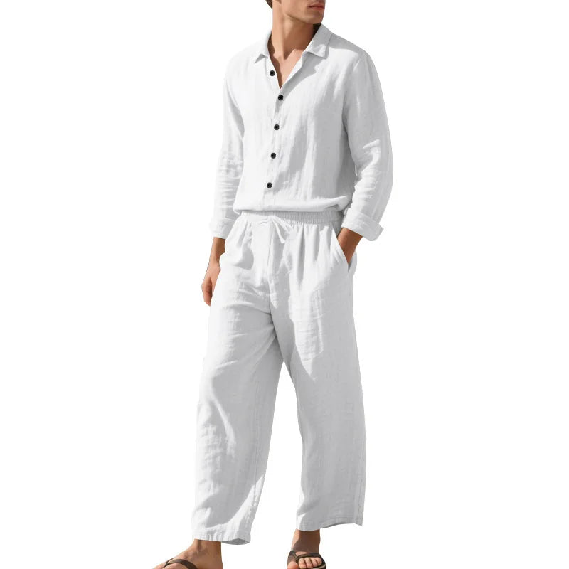 KIDWHXR Man 2-piece Outfit Spring Single-breasted Long Sleeve Shirts Male Drawstring Trousers Men Thin Cotton Linen Casual Set