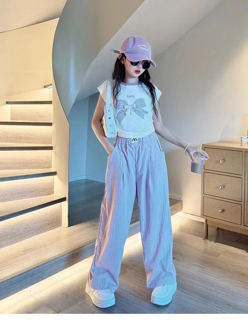 Teen Girls Summer Clothes Color Matching Cartoon T-shirt Trousers Two-piece Suit New Korean Style Sports Suit Children Outfit