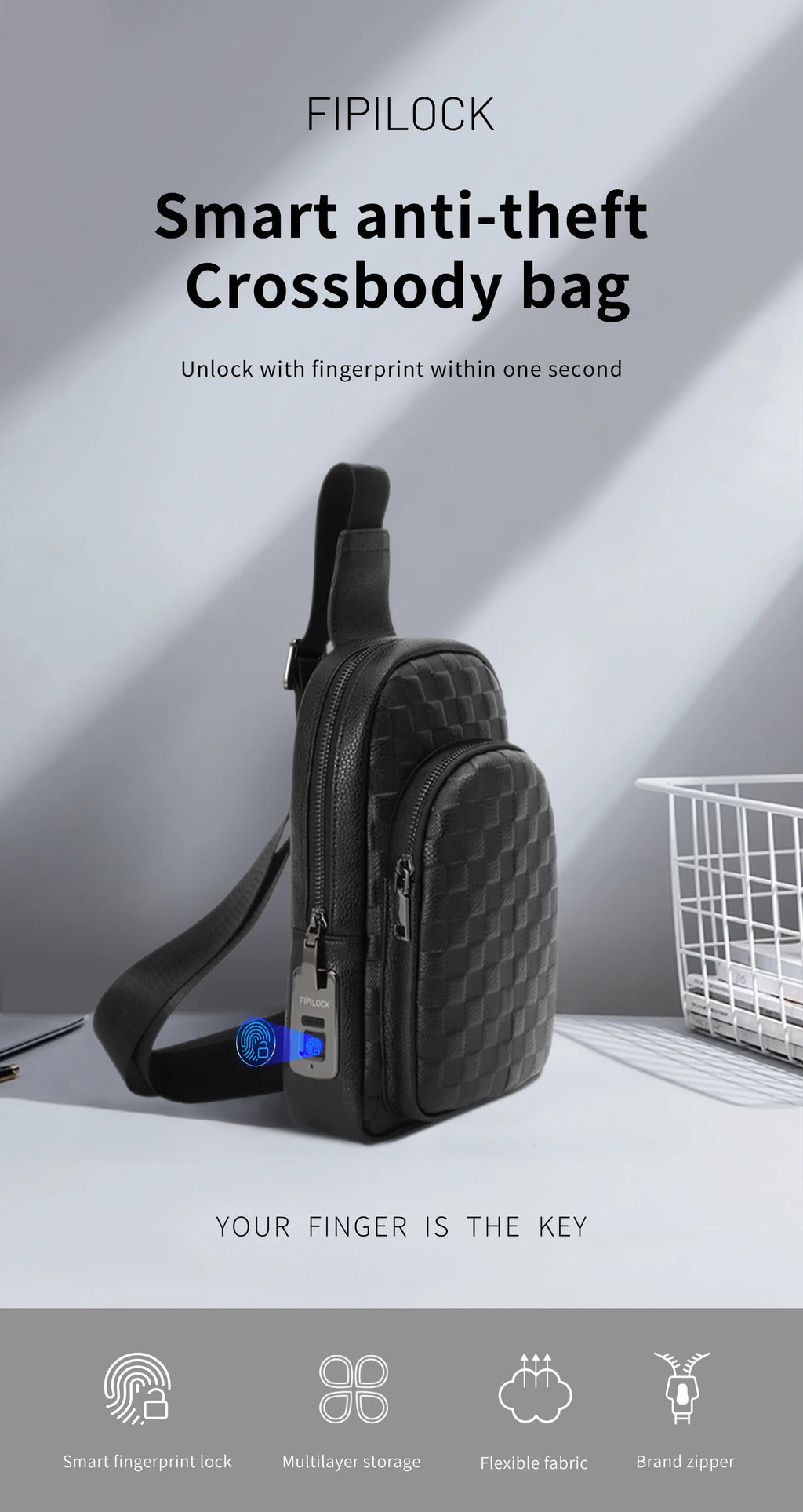 Men's Fingerprint Lock Bags for men Leather Shoulder Bag Male Long Money Wallets Mobile Phone Pouch Men Messenger Bag Anti-Theft