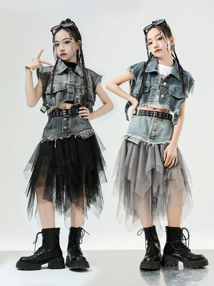 Girls Hip Hop Clothing Denim Sleeveless Jacket Vest Top Street Patchwork Mesh Skirt for Kids Jazz Dance Costume Clothes