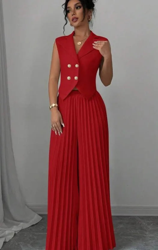 Elegant Formal Women Vest Trousers 2 Pieces Spring New Fashion Retro Wide-leg Pleated Pants Slimming Sleeveless Vest Female Set