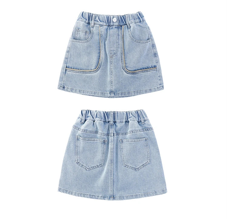 Korean Style Children Denim Mini Skirt with Inner Shorts For Girls Fashion Streetwear Summer Slim Fit Skirts with Pockets Front