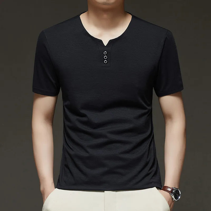 Three Button V-neck T-shirt Men 2026 New Men's Business Casual Short Sleeve Tshirt Korean Style Summer Comfortable Versatile Top