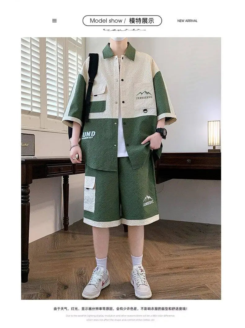 Men's 2 Piece Matching Set Short Sleeve Button Down Shirt + Cargo Shorts Textured Color Block Outfit Loose Fit Summer Lounge Set