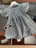 Girls Denim Dress Summer Korean Style Kids Puff Sleeve Jean Dress Light Blue Washed Soft Children Dresses Toddler Girl Clothing