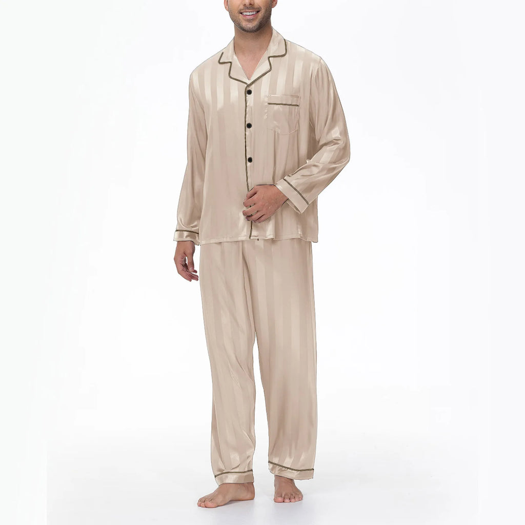 Men Pajamas Sleepwear 2PCS Set Navy Blue Stripes Long Sleeve Trouser Suits Home Clothes Male Loose Silk Satin Pijamas Loungewear