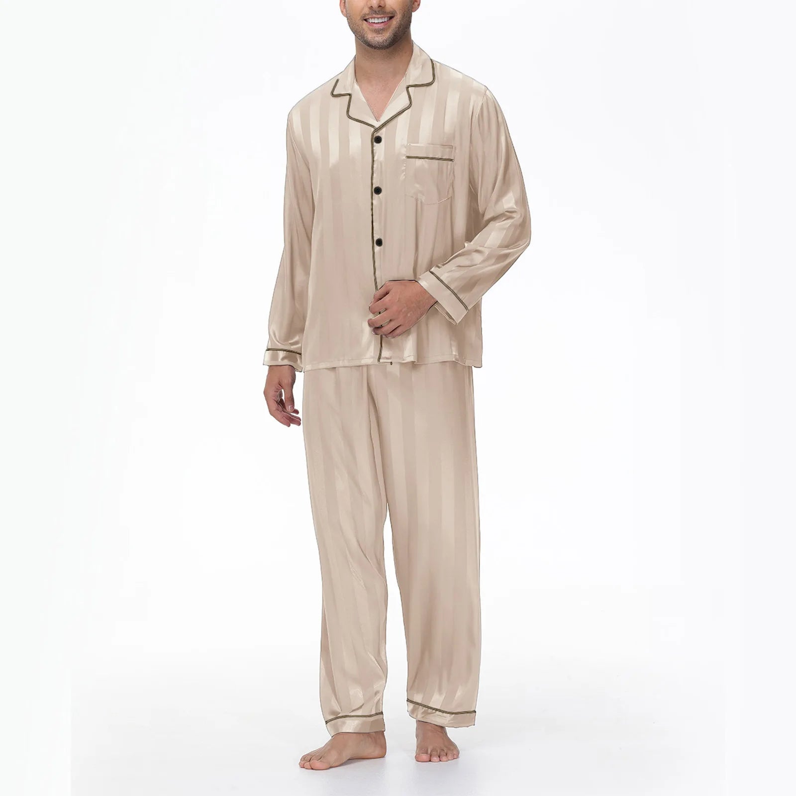 Men Pajamas Sleepwear 2PCS Set Navy Blue Stripes Long Sleeve Trouser Suits Home Clothes Male Loose Silk Satin Pijamas Loungewear