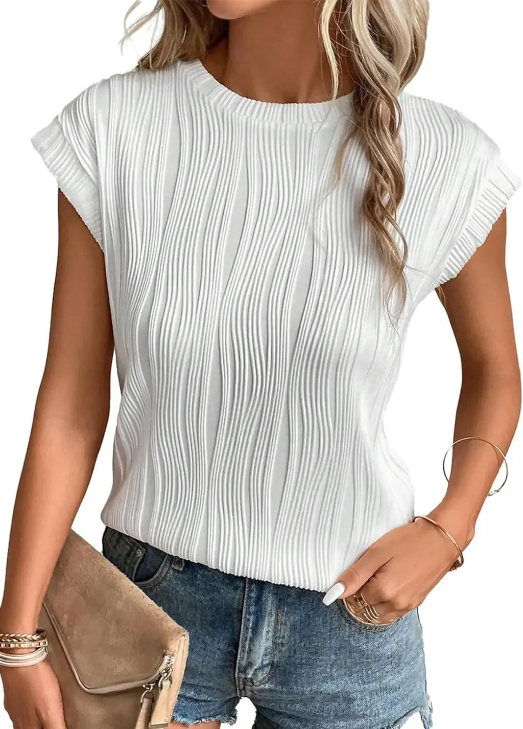 2025 Summer New Womens t-shirt Short Sleeve Textured Tops Crewneck Knit Solid Loose Casual Basic T Shirts Tee Blouses