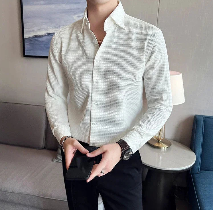 Male Shirts Green Plain Men's Shirt Business Waffle Designer Fashion 2025 Hipster Regular Elegant Slim Fit Cheap Brand Social I