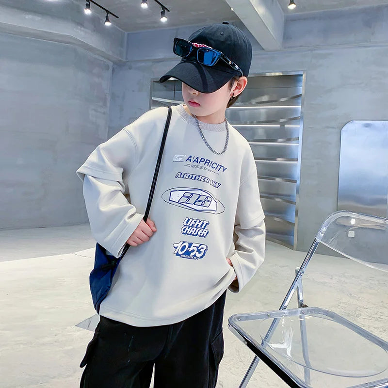 Teenage Kids Tshirts New Spring Fall Clothes Fashion Letter Fake Two Piece Sleeve Costume T-shirt Child Cotton Boy Tees Tops