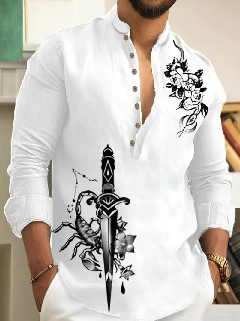 New men's casual Henry collar linen shirt with ethnic flower print men's shirt high-quality top suitable for daily tops