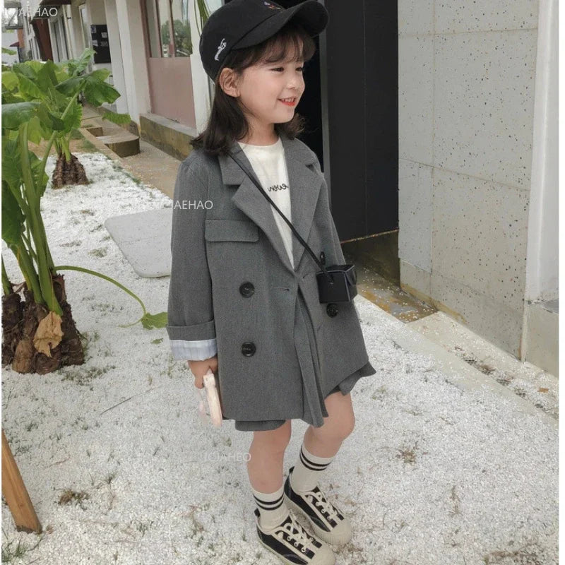Baby Girls Boy Suit  Kids Tops Coats Jacket British Gray Childrens Clothing Fashion Double-breasted Spring Autumn Costume Sets