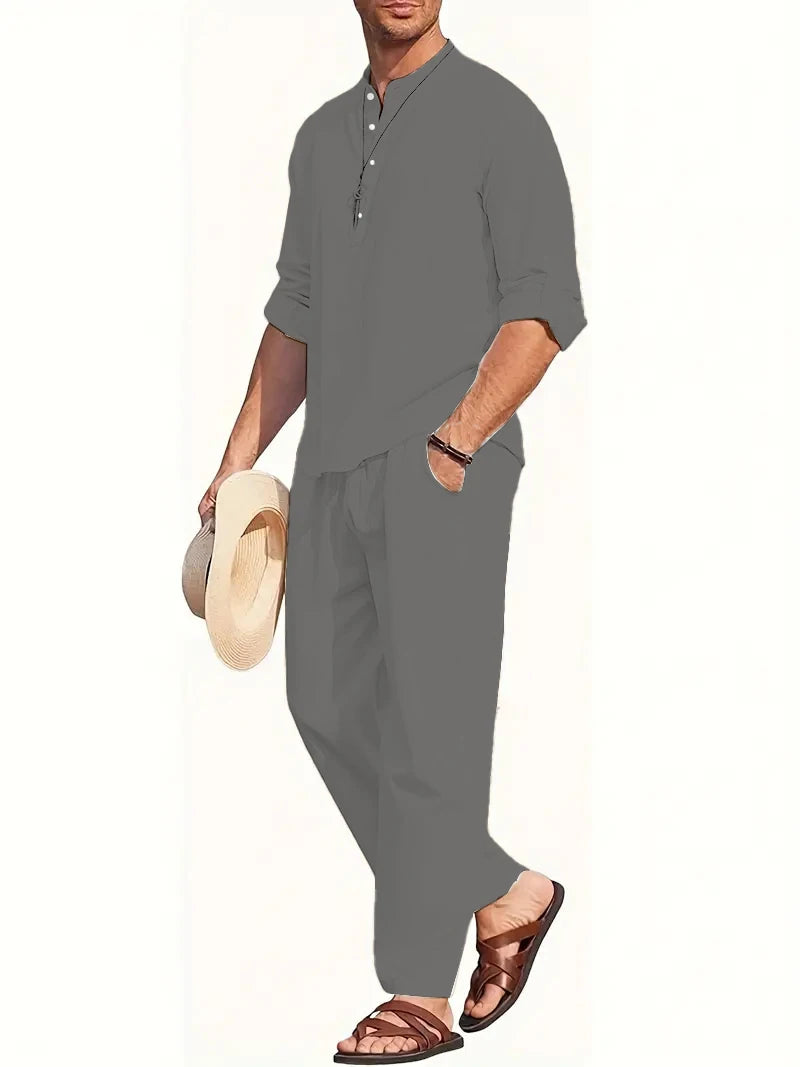 Men's White Linen Suit Set Long Sleeve Henley Shirt and Elastic Waist Pants Two Piece Outfit Summer Casual Comfortable