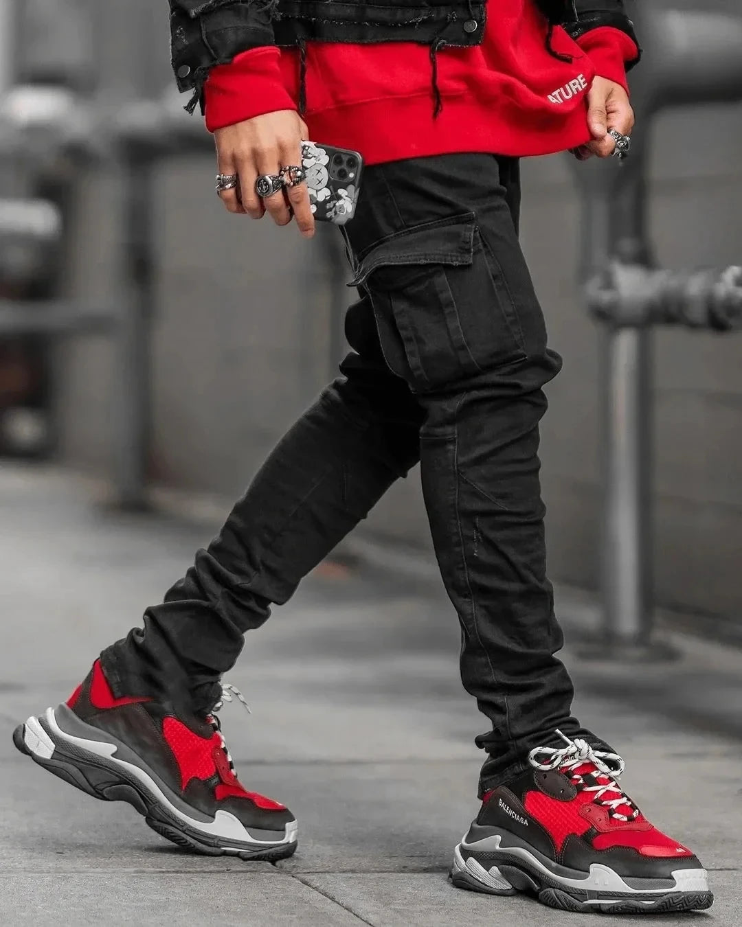 Men's street elastic workwear jeans washed solid color multi pocket casual mid waist pants slim fit daily wear jogging pants
