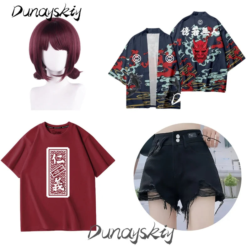Girls Band Cry Nina Iseri Cosplay Costume Set T-shirt Cardigan Short Pants Low Bun Brown Wig Anime Idol Costumized Outfit