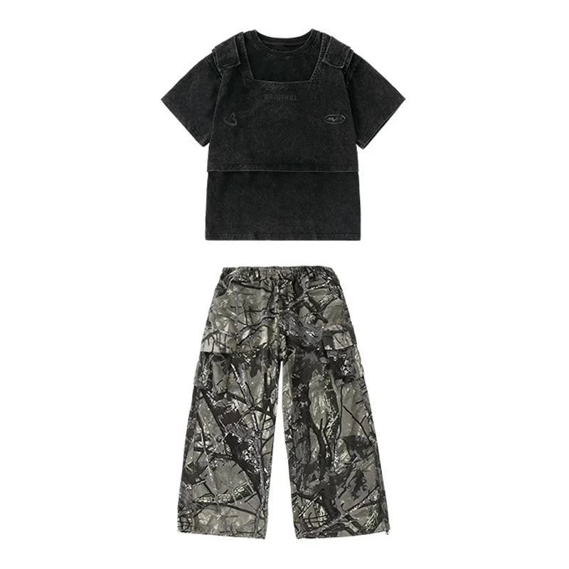 Kid Kpop Clothing Fake-2-Piece T Shirt Leaf Print Streetwear Harajuku Hip Hop Jeans for Girl Boy Jazz Dance Costume Clothes