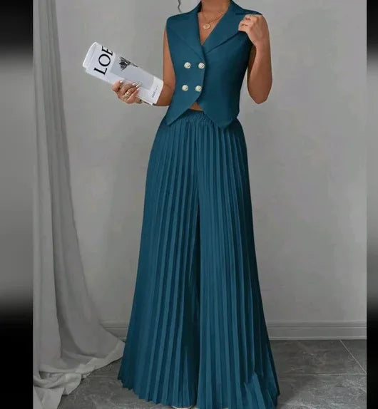 Elegant Formal Women Vest Trousers 2 Pieces Spring New Fashion Retro Wide-leg Pleated Pants Slimming Sleeveless Vest Female Set