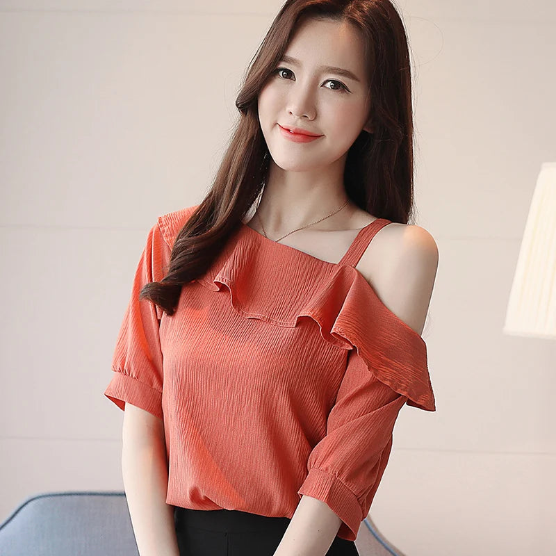 Fashion Women Blouses Sexy Slash Neck Chiffon Women Blouse Shirt Short Sleeve Summer Ladies Tops