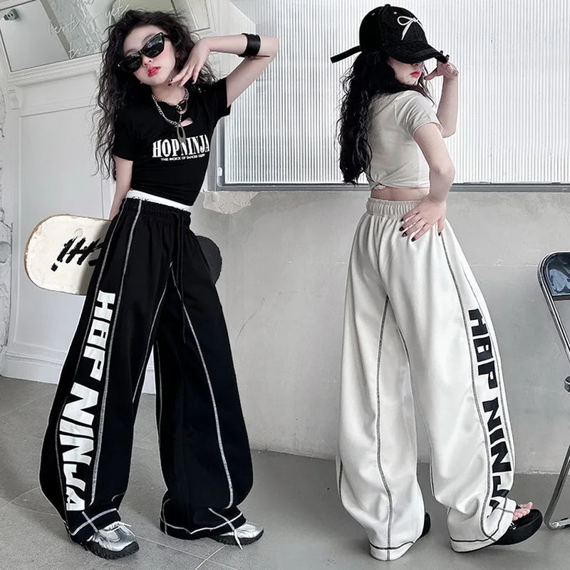 Summer teen girl Hip Hop Jazz Street Dance Costume Suit Cool Print Hollow Short T-shirt+Casual Sports Pants Set Child Outfits