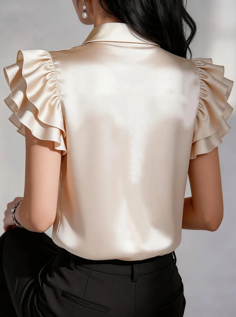 Women Elegant Satin Ruffle Sleeve Button Down Blouse Turn Down Collar Office Work Casual Shirt Top