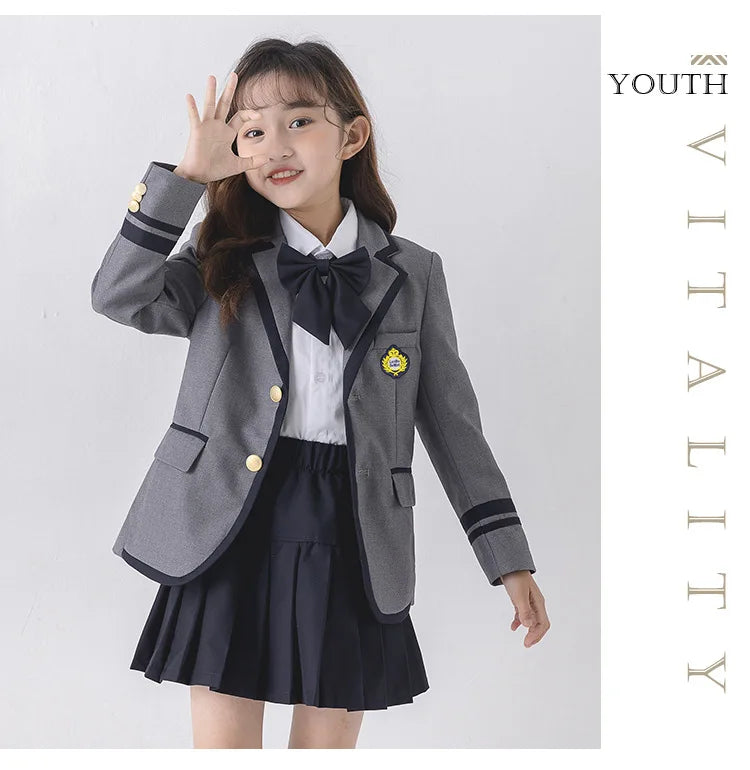 Child School Uniform Girls Korean Japanese Navy Jacket Pleated Skirt Boys Formal Dress Suits Kids Student Clothes Class Sets