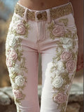 Elegant Retro Denim Trousers For Women Spring Autumn Fashion New Sweet Pink Slim Fit Rose Embroidered Mid-waist Bootcut Pants