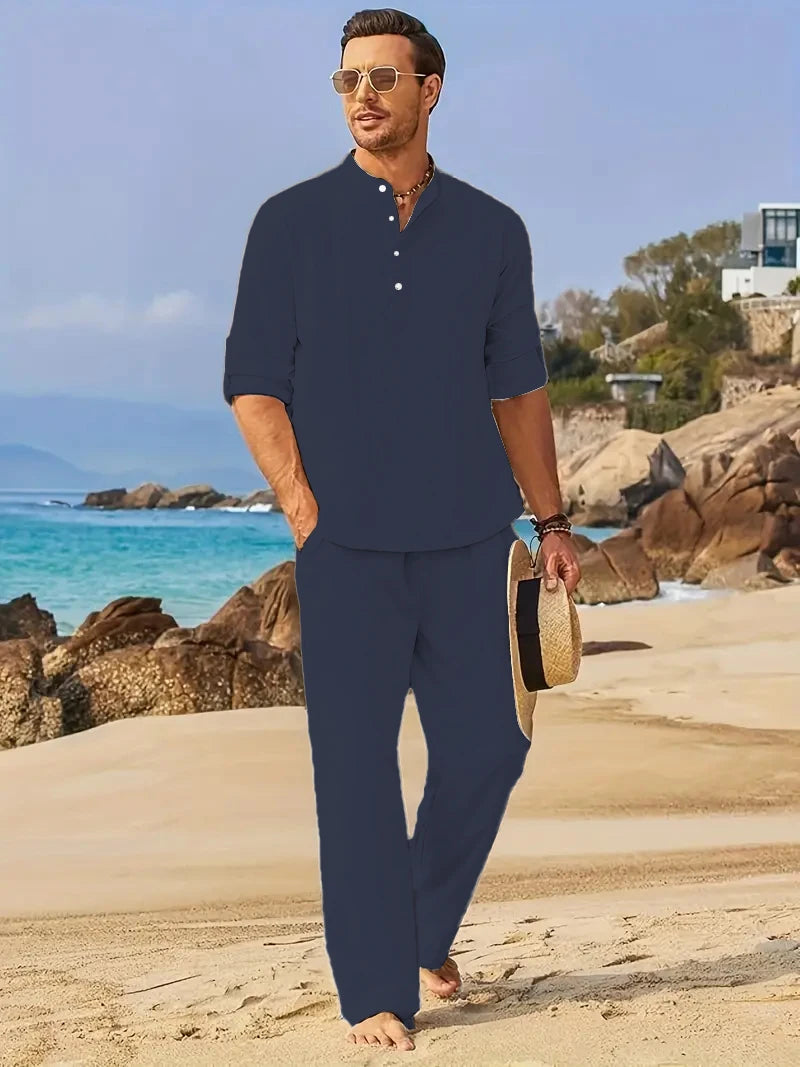 Men's White Linen Suit Set Long Sleeve Henley Shirt and Elastic Waist Pants Two Piece Outfit Summer Casual Comfortable