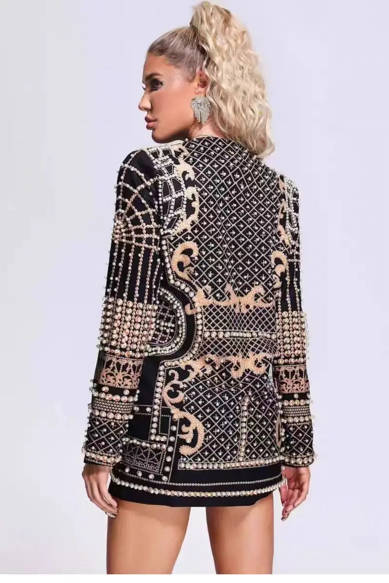 New Fashion Beaded V-neck Blazers for Women Streetwear Trendy High Quality Suit Jacket Coat Outerwear Female Clothing