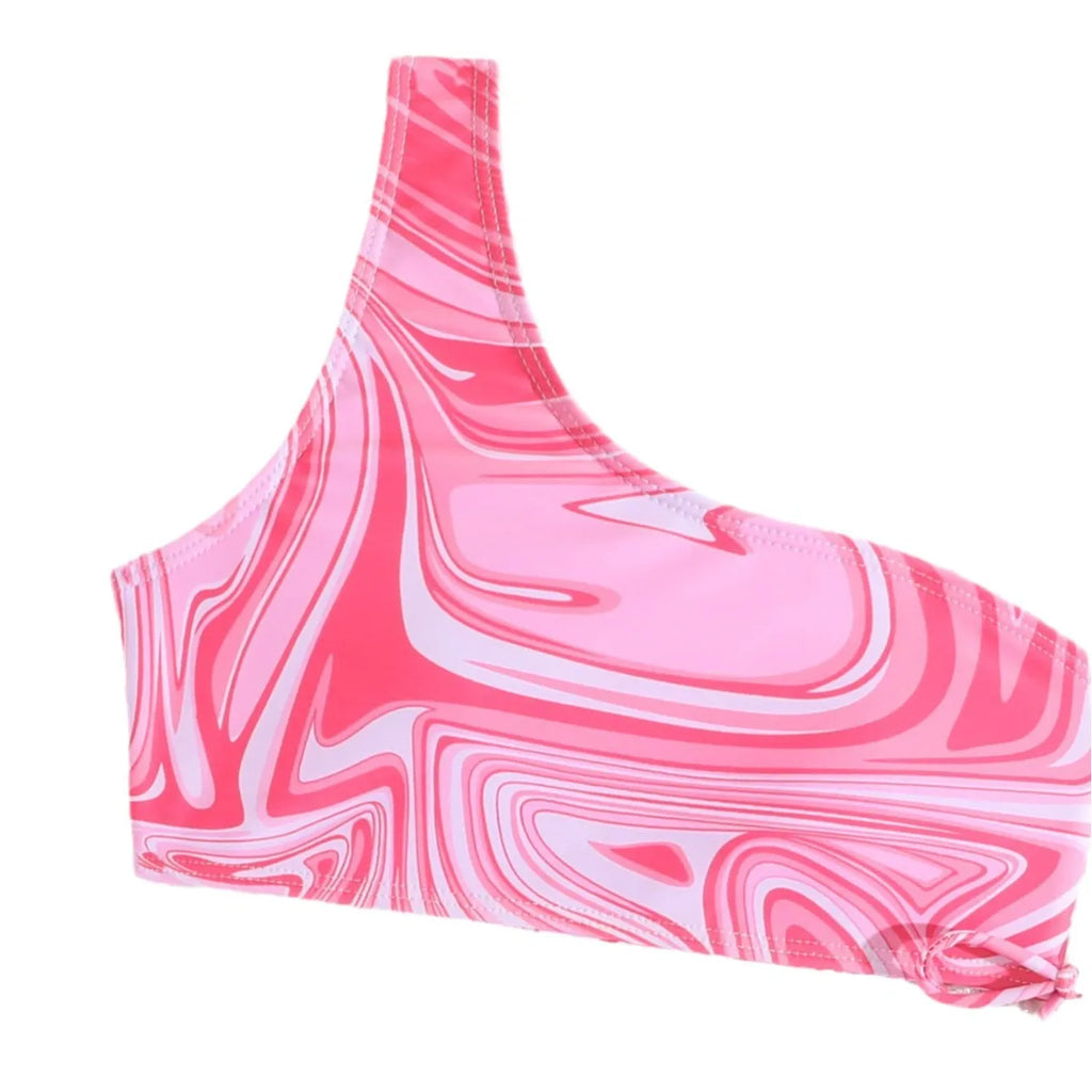 Girls 3pack Ripple Print One Shoulder High Waist Bikini Kids Swimsuit 7-12 Years Children's Swimwear Teens Bathing Suit Pink
