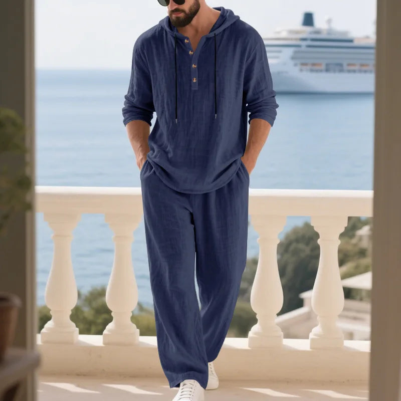Men's Linen Hooded Sets 2 Piece Outfit Summer Casual Long Sleeve Hoodie and Wide Leg Pants Set for Men