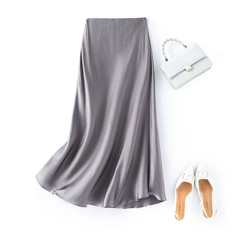 2025 Women's Summer New 100% Natural Mulberry Silk Pearl Satin Dark Grey Elegant Diagonal Cut Wrapped Hip Fishtail Skirt