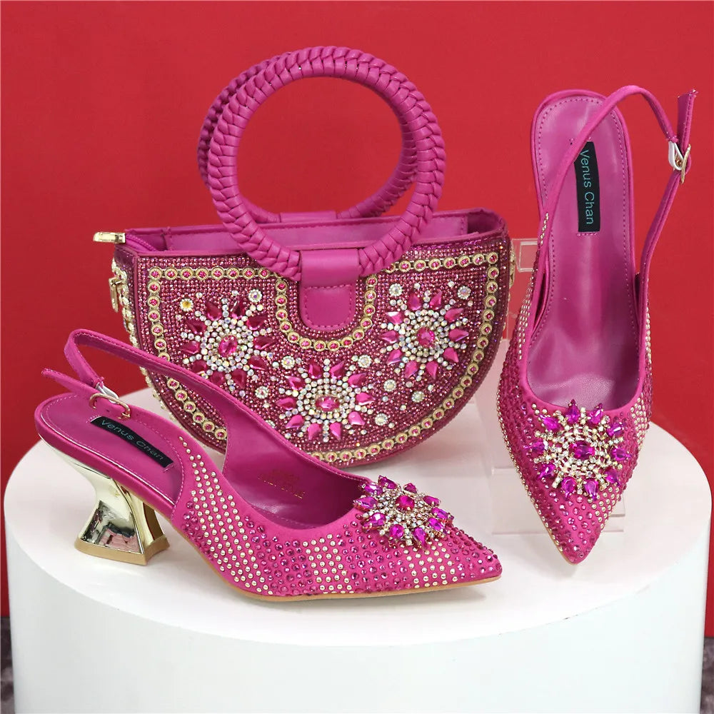 Nigeria Fashion Rhinestone-encrusted Ladies Party Shoes And Special bags High Heels And Dual Purpose Bag Women's Shoes