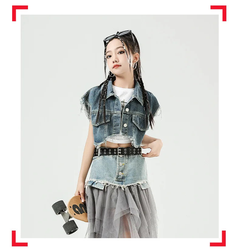 Girls Hip Hop Clothing Denim Sleeveless Jacket Vest Top Street Patchwork Mesh Skirt for Kids Jazz Dance Costume Clothes
